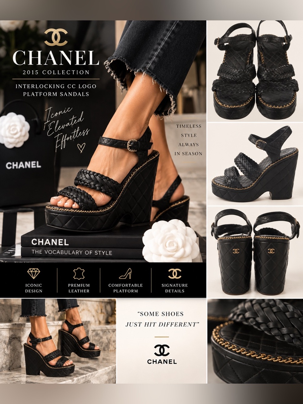 CHANEL Black Quilted Braided Wedge Sandals with Gold Chain Trim